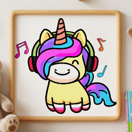Foto Bebê Unicórnio Kawaii Feliz com Fones de Ouvido
