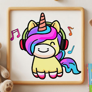Foto Bebê Unicórnio Kawaii Feliz com Fones de Ouvido