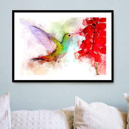 Foto Beija-flor em Aquarela se Alimentando de Flor Verm
