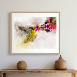 Foto Beija-flor se Alimentando de Flor Rosa Aquarela