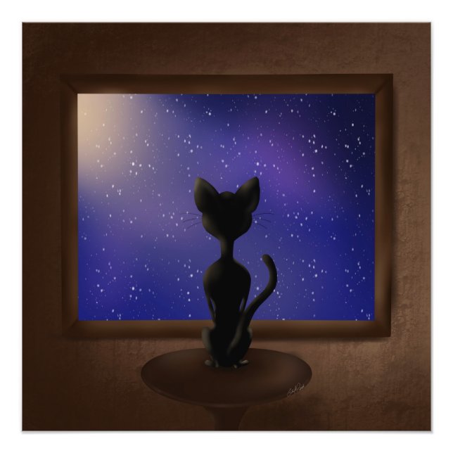 Foto Black Cat olhando pela janela estrelas do céu notu (Frente)