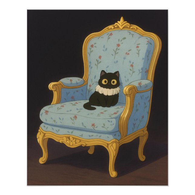 Foto Black Cat on Blue Floral Armchair (Frente)