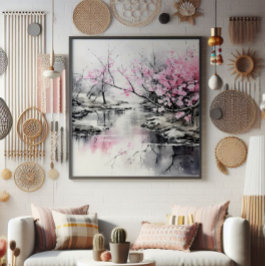 Foto Blooming Sakura sobre pintura de tinta fluvial