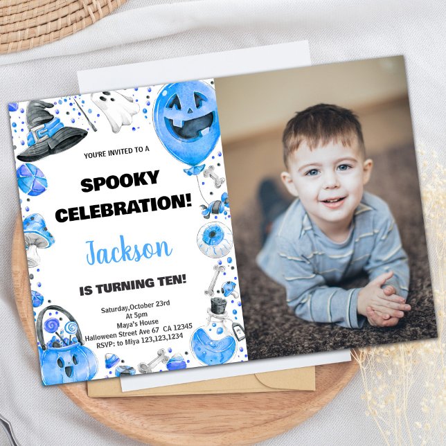 Foto Blue Ballon Halloween Convite de Aniversário (Photo Blue Ballon Halloween Birthday Invitations)