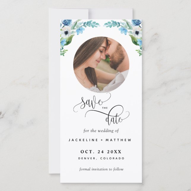 Foto: Blue Floral Weding The Date Bookmark (Frente)
