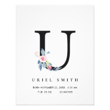 BLUSH BLUE FLORAL ALPHABET NAME U STATS DE NASCIME