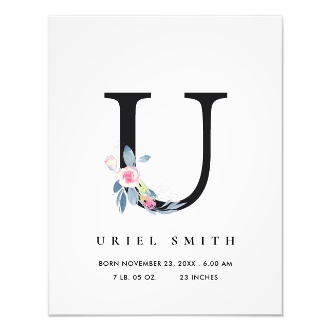 FOTO BLUSH BLUE FLORAL ALPHABET NAME U STATS DE NASCIME (Frente)