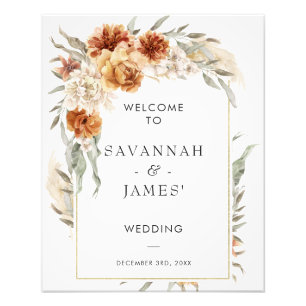 Foto Boho Burnt Orange Floral com Frame Weding Sign