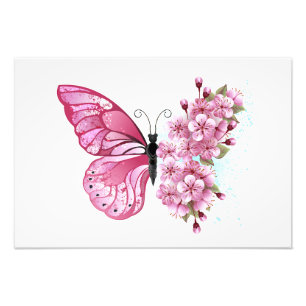 Foto Borboleta Flor com Sakura Rosa