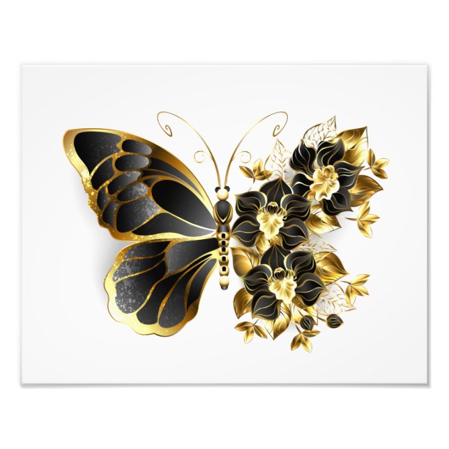 Foto Borboleta Flor Dourada com Orquídea Preta (Frente)