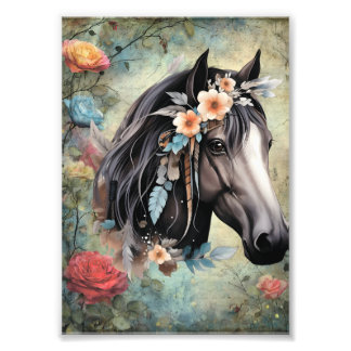 Foto  Brown horse in flowers.