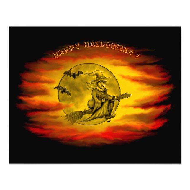 Foto bruxa voadora com gato preto, noite de halloween (Frente)