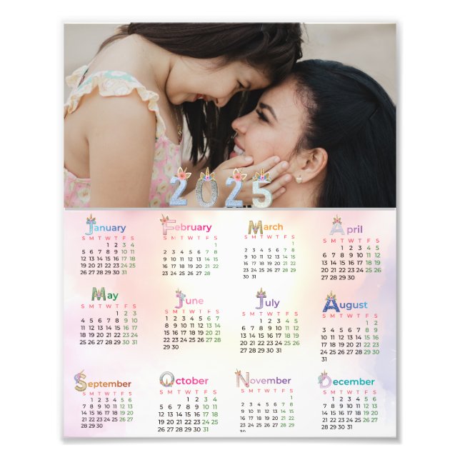 Foto Calendário 2025 Amarelo-rosa-d-água Unicórnio (Frente)