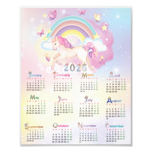 Foto Calendário 2025 Amarelo-rosa-d-água Unicórnio (Frente)