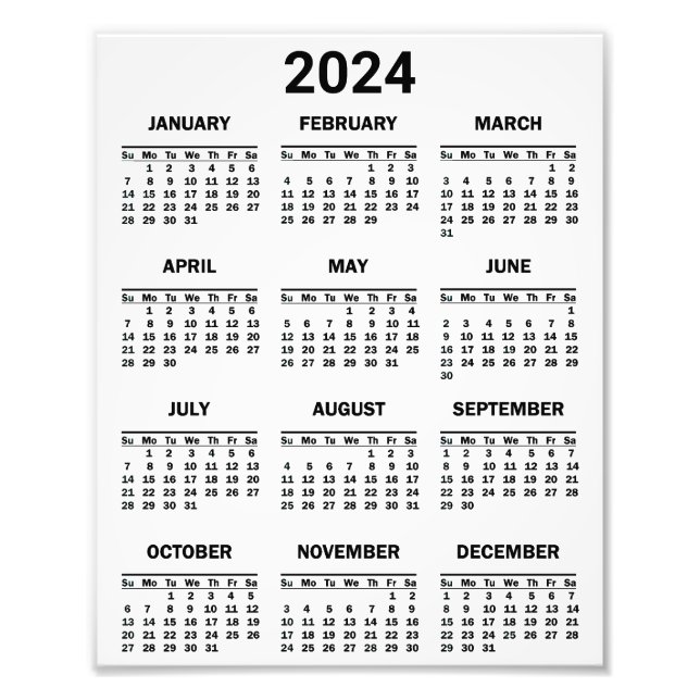 Foto Calendário geral de 2024 anos preto e branco simpl (Frente)