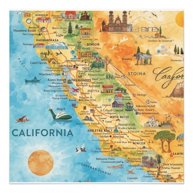 Foto California Illustrated Watercolor Map Art (Frente)
