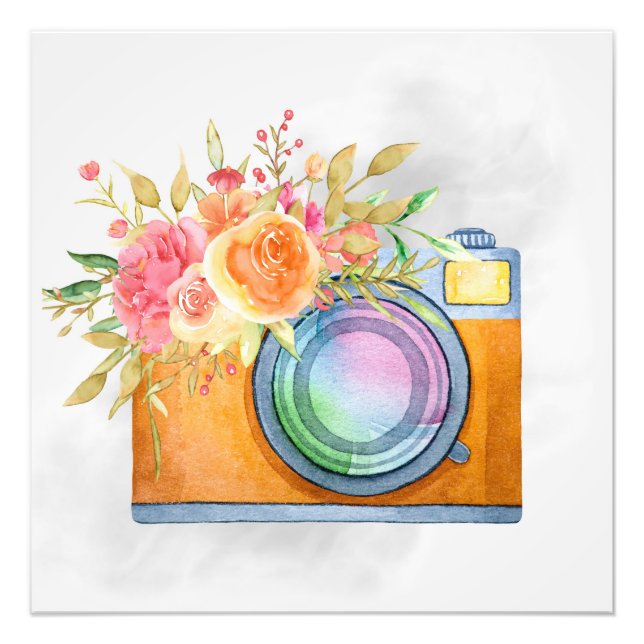 Foto Câmera Laranja Boho e Buquê Floral Aquarela (Frente)