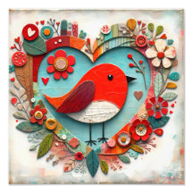 Caprichoso Red Robin Bird Heart em mídia mista