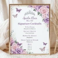 Cardápio de Bebidas Floral Rosa Lilás Chic para Qu