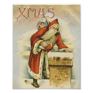 Foto Cartão de Natal antigo, Papai Noel, Chaminé