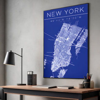 Foto Cartaz de Mapa de Nova York em Blueprint Coordenad