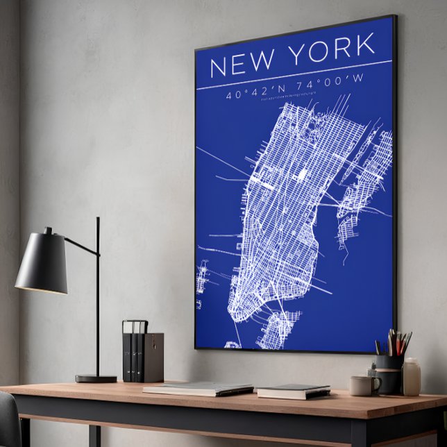 Foto Cartaz de Mapa de Nova York em Blueprint Coordenad (New York blueprint wall art perfect for a modern minimal space)
