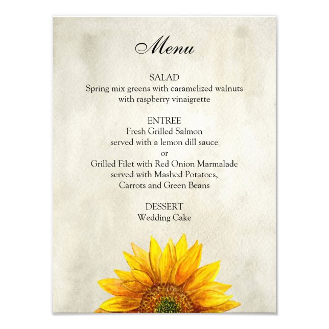 Foto Cartaz de menu de casamento de girassol. Menu de j (Frente)