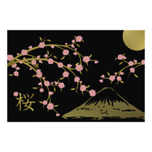 Foto Cartaz de tela japonês preto dourado Sakura rosa