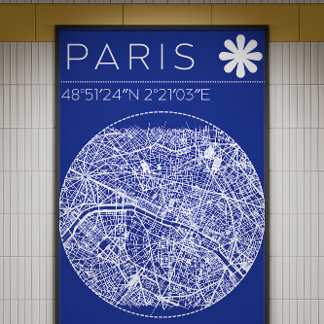 Foto Cartaz Mapa de Paris em Blueprint Circular Arte de