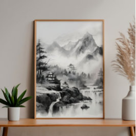 Foto Casa Asiática na Pintura de Tinta nas Montanhas