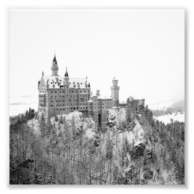 Foto Castelo Neuschwanstein preto e branco no inverno (Frente)