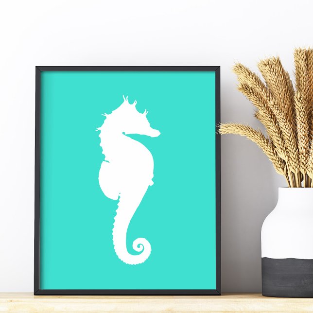 Foto Cavalo-Marinho Branco sobre Turquesa (White Seahorse on Turquoise Photo Print)