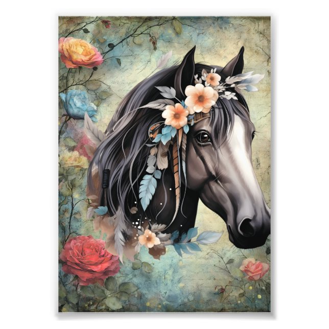 Foto Cavalo marrom em flores. (Frente)