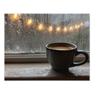 Foto Cena de Luzes na Janela Chuvosa com Xícara de Café
