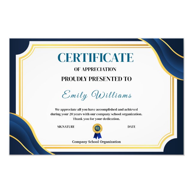 Foto Certificado Dourado de Apreciação Personalizada P (Frente)