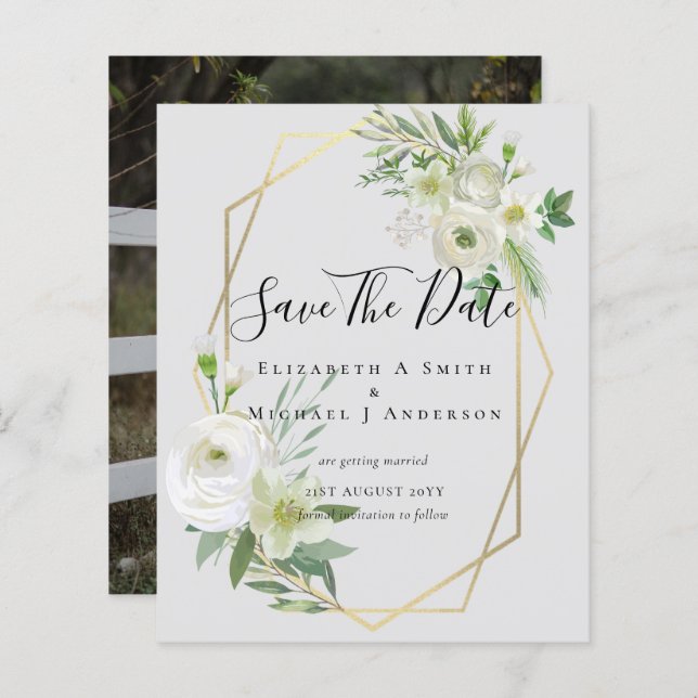 Foto CHEAP Salvar Datas White Floral Folha Verde F (Frente/Verso)