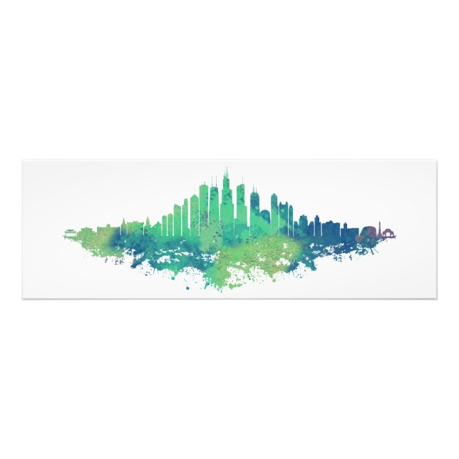 Foto Chicago City Skyline Watercolor em azul e verde (Frente)