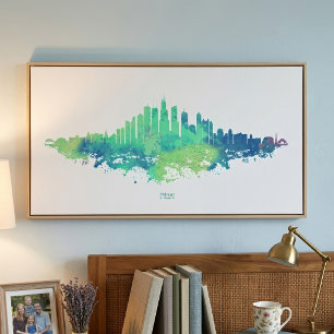 Foto Chicago City Skyline Watercolor em azul e verde