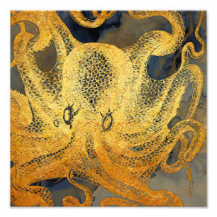 Foto Coastage Vintage Azul Dourado Octopus Negro Aquare