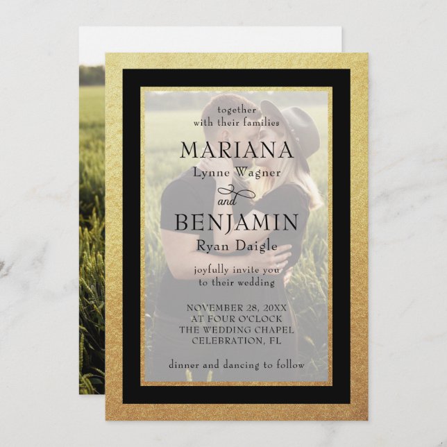 Foto: Convite Dourado para Casamento Moderno (Frente/Verso)