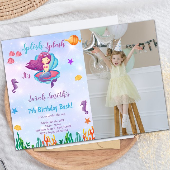 Foto: Convites de Aniversário da Sereia Roxa (Photo Purple Shell Mermaid Birthday Invitations)
