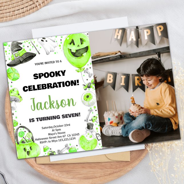 Foto: Convites de Aniversário do Dia Verde do Hall (Photo Green Halloween Birthday Invitations)