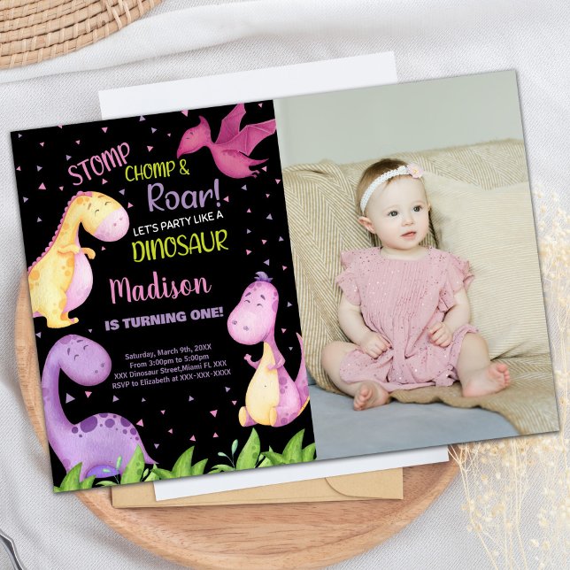 Foto: Convites de Aniversário para Dinossauro Pret (Photo Purple Black Dinosaur Birthday Invitations)