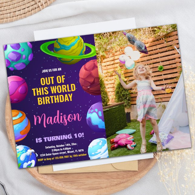 Foto Cor-de-rosa Amarelo Amarelo Convites de Anive (Photo Pink Yellow Outer Space Birthday Invitations)