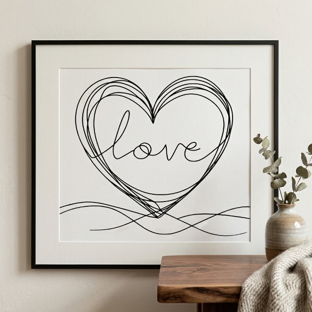 Foto Coração com design de arte de linha contínua Amor (Heart with Love Continuous Line Art Design. Photo Print)