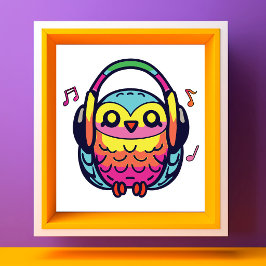 Foto Coruja feliz com fones de ouvido ouvindo música.