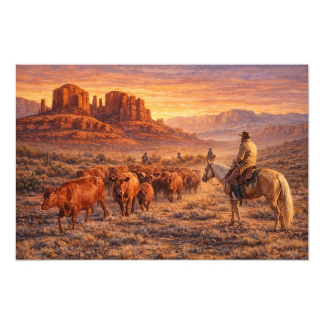 Foto Cowboy Herding Cows at Sunset (Frente)