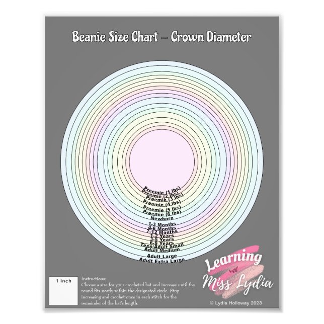 Foto Crochet Beanie Size Chart Para Uso Educativo (Frente)