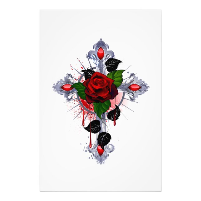 Foto Cruz de Prata com Rosa vermelha (Frente)