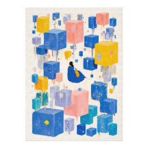 Cubos Sonhadores Azul Amarelo de Aquarela Abs